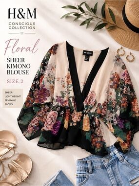 H&M Conscious Floral Sheer Kimono Blouse Peplum Top Size 2